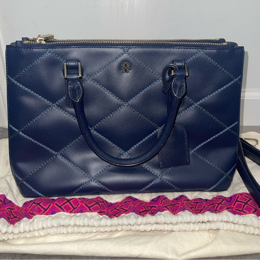 Tory Burch Robinson Double Zip Tote Bag – Navy Blue